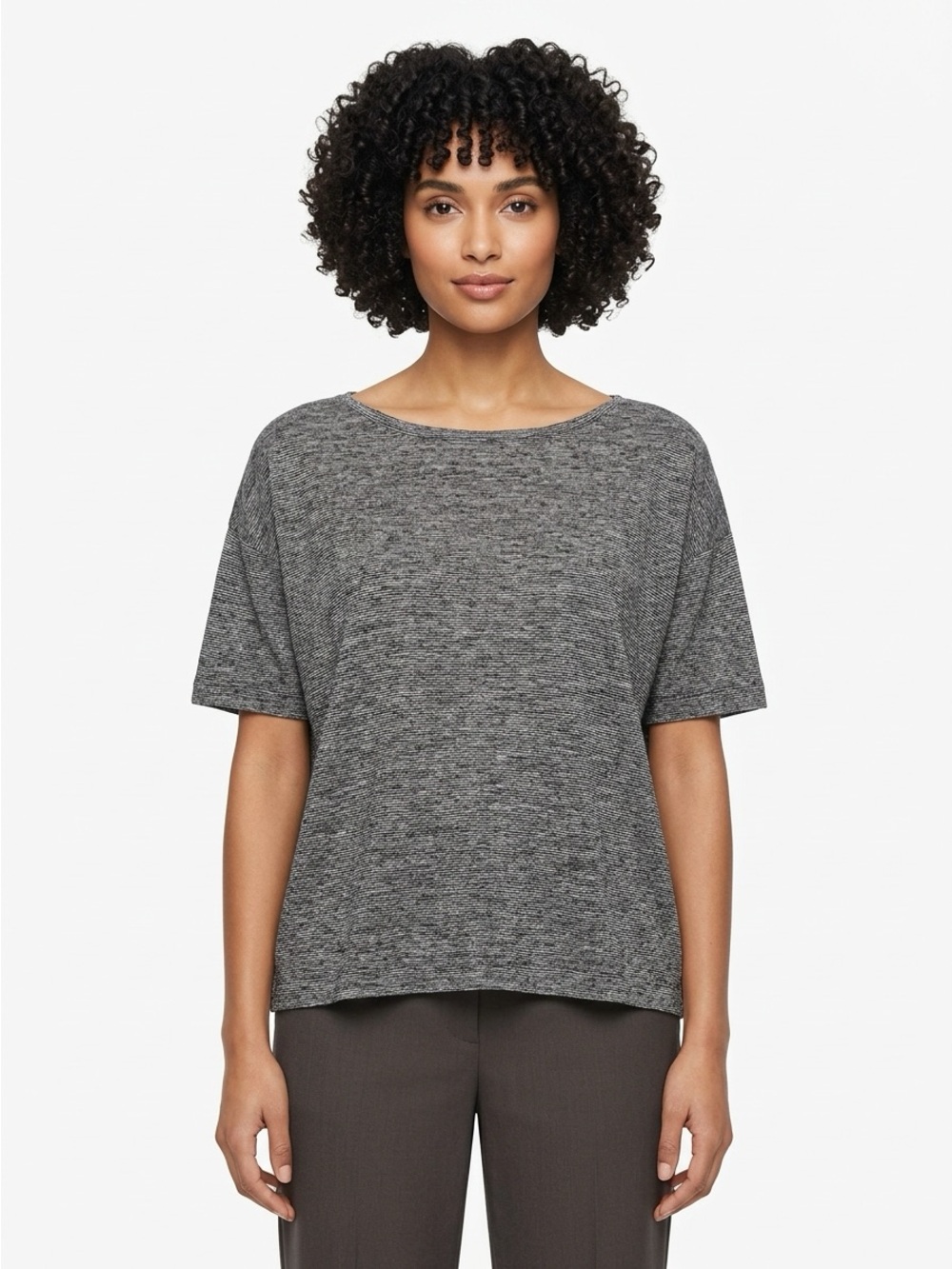 Eileen Fisher Boxy Short Sleeve Top Striped Hemp Cotton Black SP